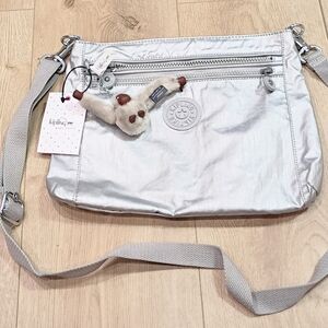 Kipling Metallic Silver Crossbody Bag with Plush Toy
